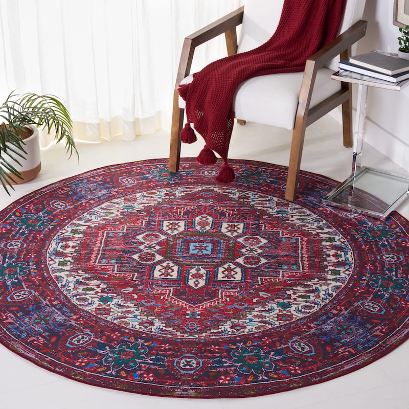 SAFAVIEH Tucson Machine Washable Slip Resistant Heide Oriental Rug - 6' Round - Red/Blue