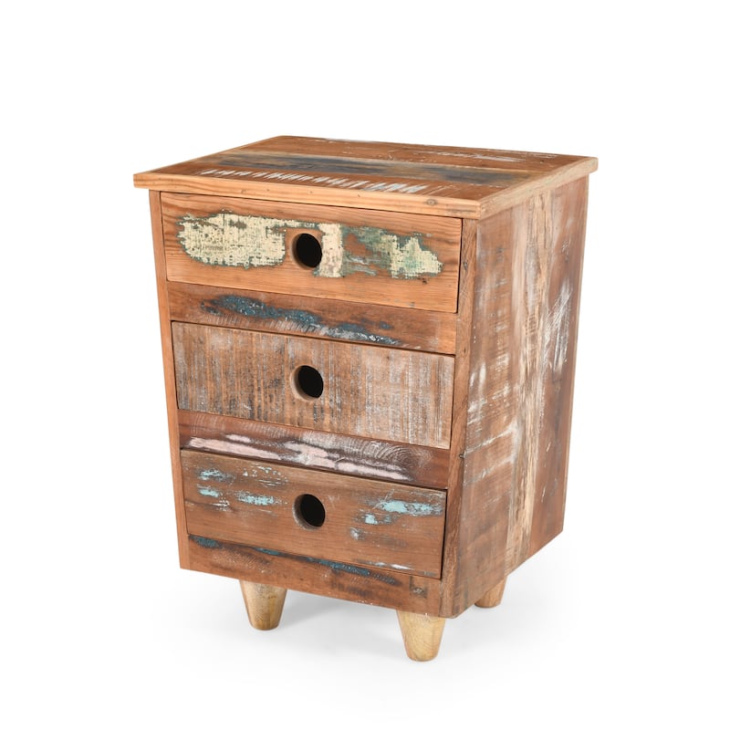 End Table Recycled Wood Nightstand, Side Table With 3 Drawers - Natural