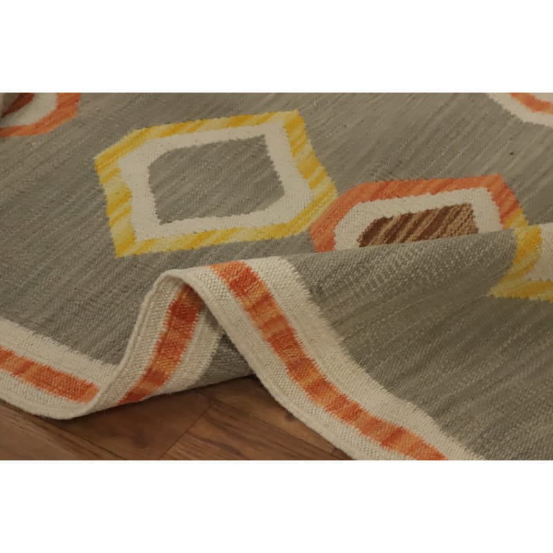Hand Woven Oriental 100% Wool Carpet Southwestern Tribal Greys & Charcoal Kilim Runner Rug - 5' 8'' X 2' 0''