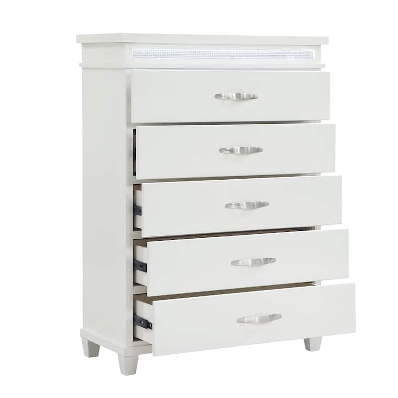 Jisy Tall Dresser Chest, 5 Drawer Chrome Bar Handles, LED Lit, White