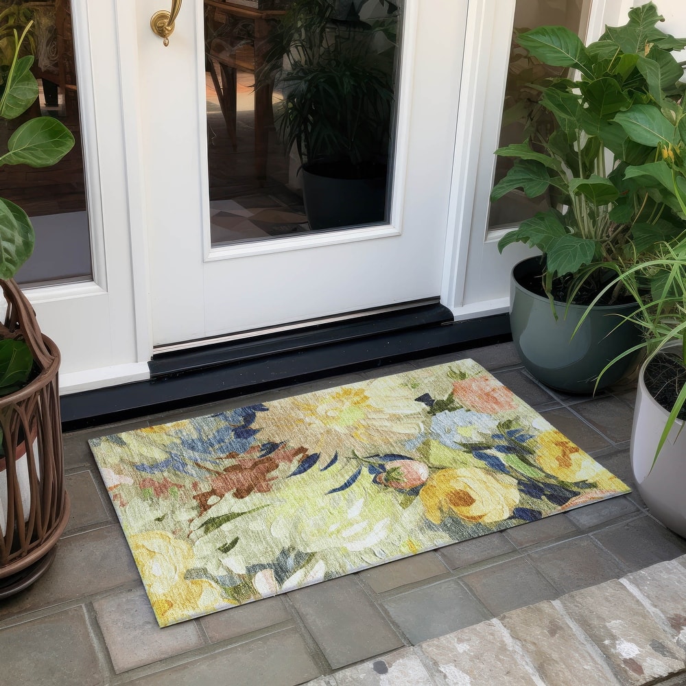 Machine Washable Indoor/ Outdoor Watercolor Floral Chantille Rug