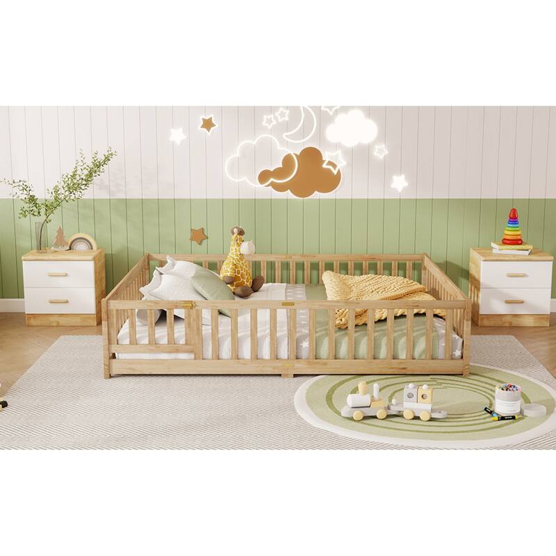 Roomfitters Queen Floor Bed with Surround Fence and Swing Door, Rubber Wood Platform with Guardrails and Slats, Natural