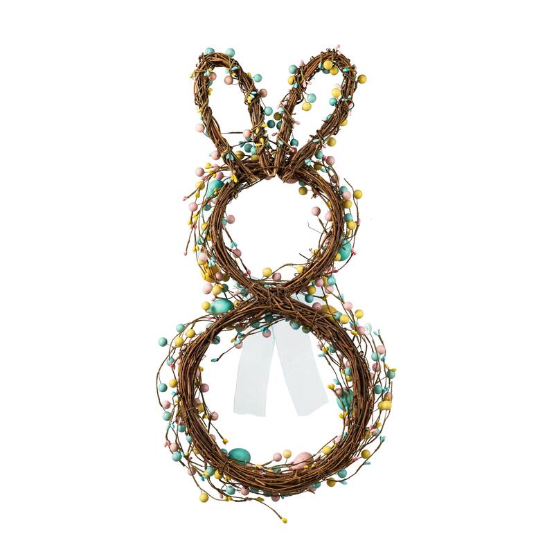 Glitzhome Easter Bunny Shaped Wreath with Eggs Satin Ribbon Bow Basket