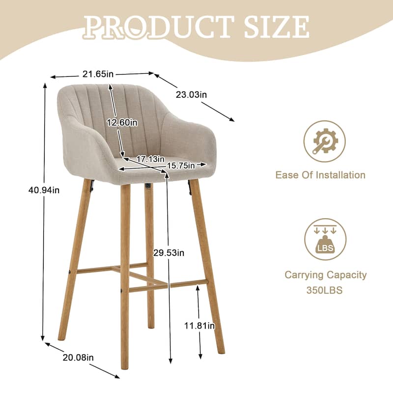 Modern Bar Stools Set of 2, Kitchen Island Tall Chairs with Back, Arm, Footrest and Solid Wood Leg, Upholstered Bar Stools