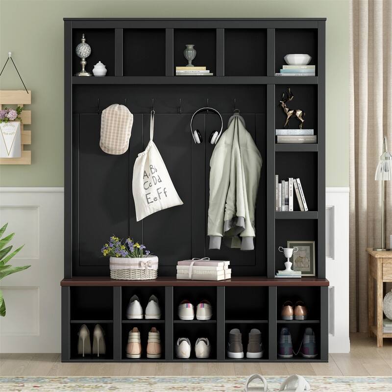 Farmhouse 4-in-1 Hall Tree with Shoe Cabinet, Entryway Storage Bench with 13 Cubbies, Coat Rack w/ Adjustable Shelves & 6 Hooks