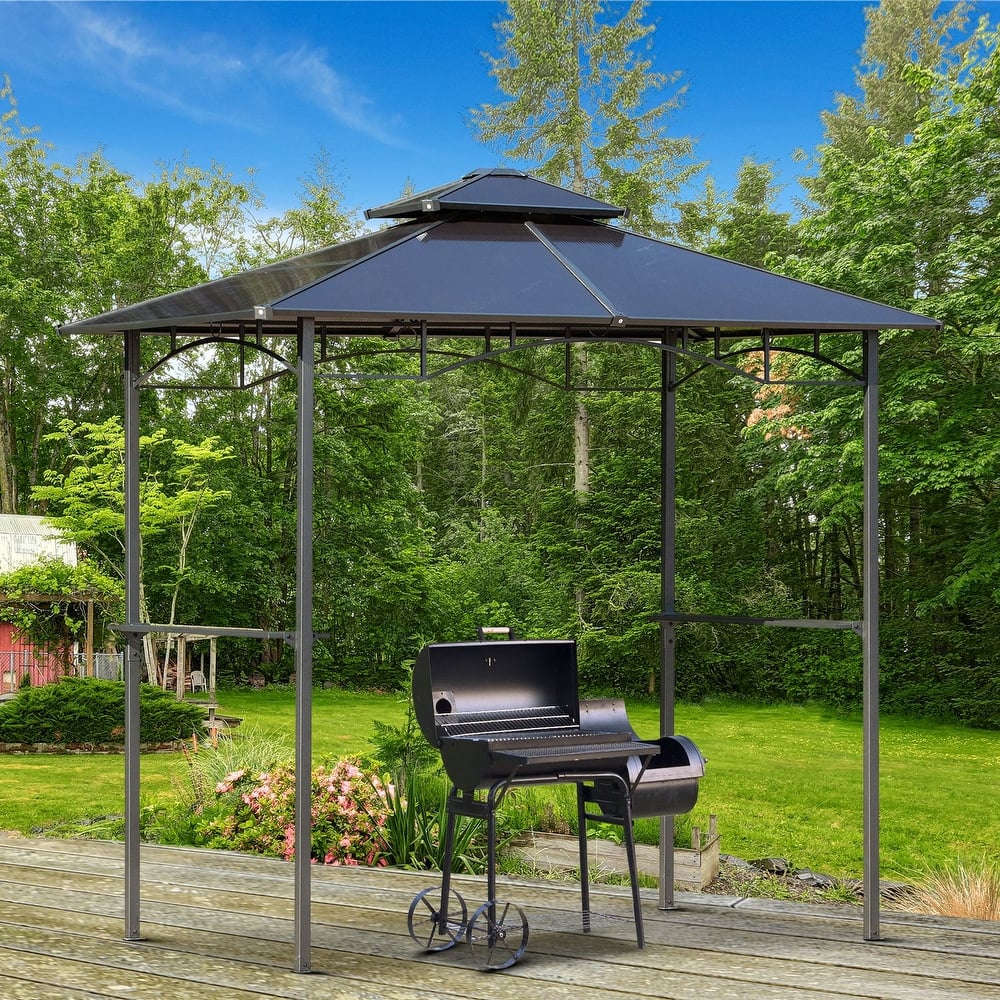 Outsunny 8' x 5' Barbecue Grill Gazebo Tent, Outdoor BBQ Canopy with Side Shelves, and Double Layer PC Roof, Brown