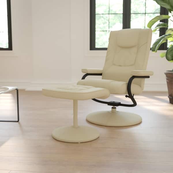 slide 2 of 71, Contemporary Multi-Position Recliner and Ottoman with Wrapped Base Cream Faux Leather