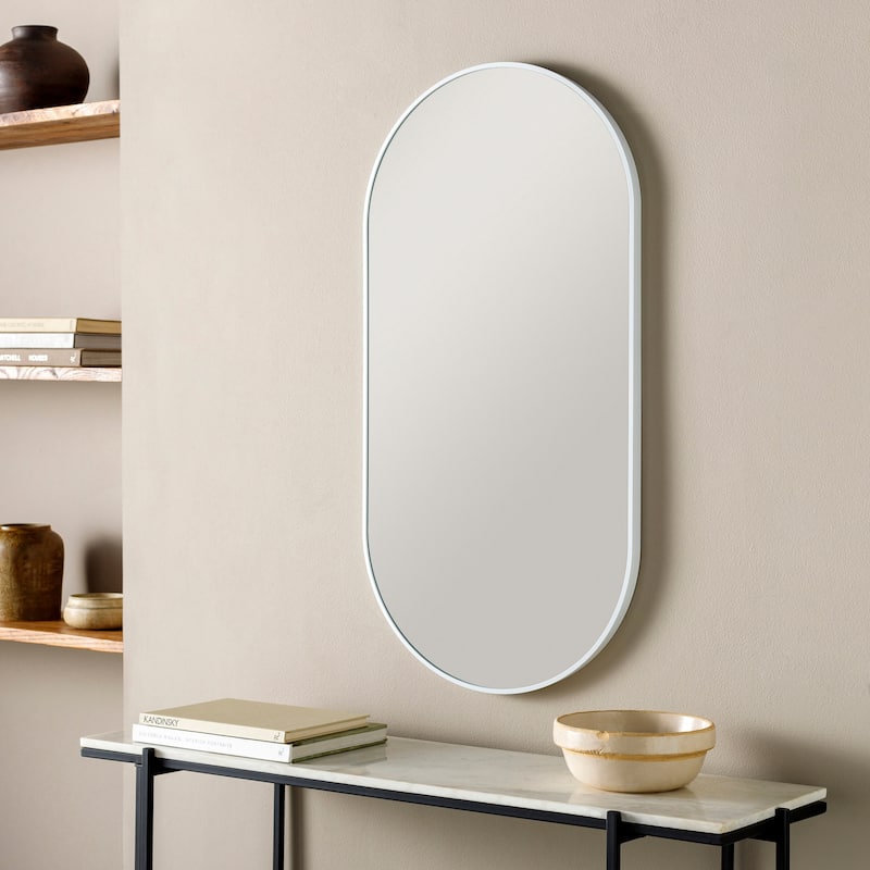 Livabliss Aranya Modern Aluminum Oval Pill-Shaped Accent Mirror - 20"H x 39"W x 1.1"D - White