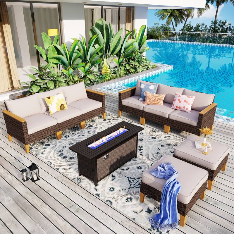8-Piece Patio Outdoor Wicker Sectional Sofa Set, Large Seating Furniture Conversation Sets with Fire Pit Table