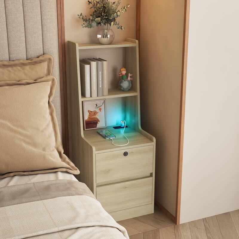 Simple Nightstand Bedside Table with Charging Station, Lamp Table Side Table Dressing Table with Bookshelf