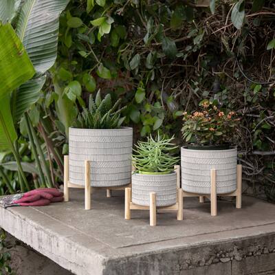 Grey Ceramic Planter on Wood Stand with White Etched Design - 10.0" x 10.0" x 12.0"