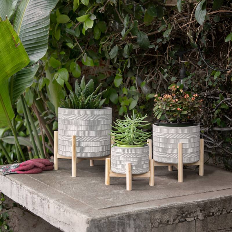 Sagebrook Home Neutral Ceramic Ivory Line Design Planter on Wooden Stand