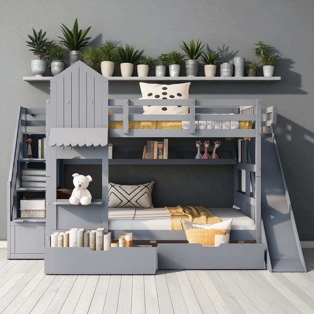 Castle Style Twin/Full Bunk Bed with Slide, 2 Drawers and 3 Shelves, Fence Design, Solid Wood Frame