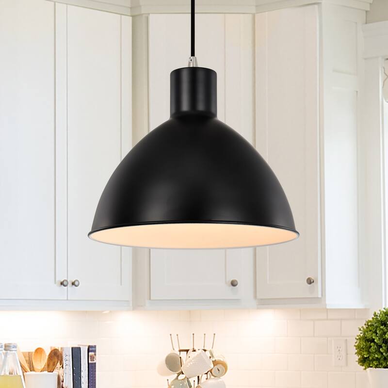 1-Light Matte Black and Brushed Nickel Pendant With Bowl Metal Shade