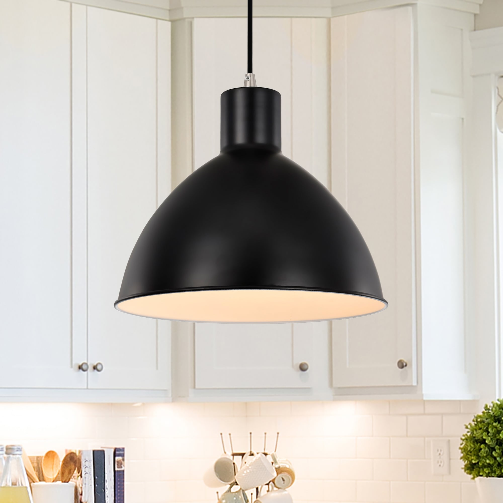 1-Light Matte Black and Brushed Nickel Pendant With Bowl Metal Shade