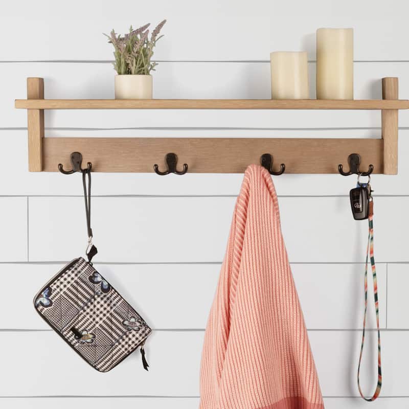 Lavish Home Coat Rack with Shelf - Wall Mount Shelf with 4 Hooks - Brown