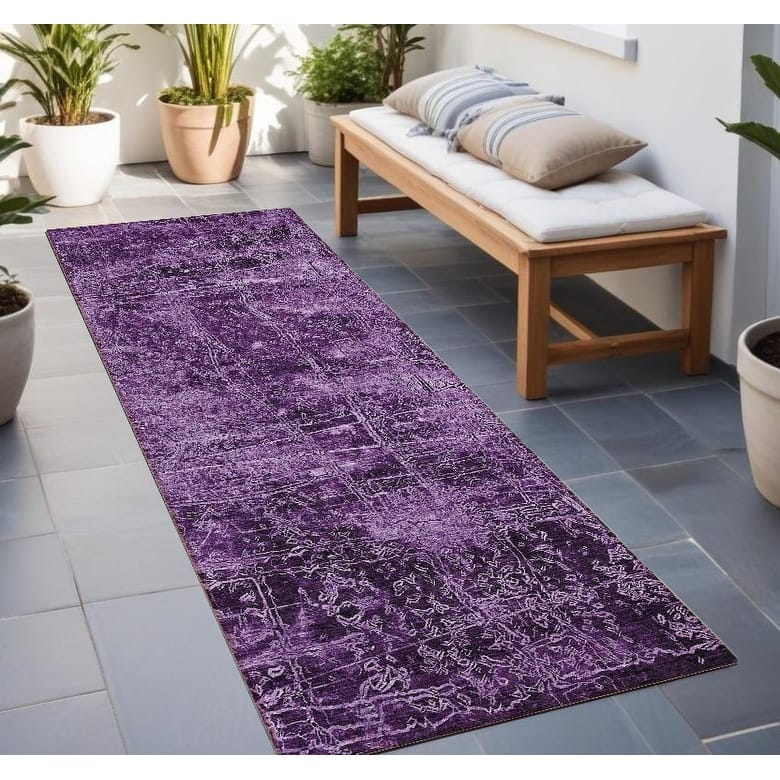 Almisi Artistic Abstract Weather Resistant Blended Style Outdoor Rug - 8' Runner - Purple