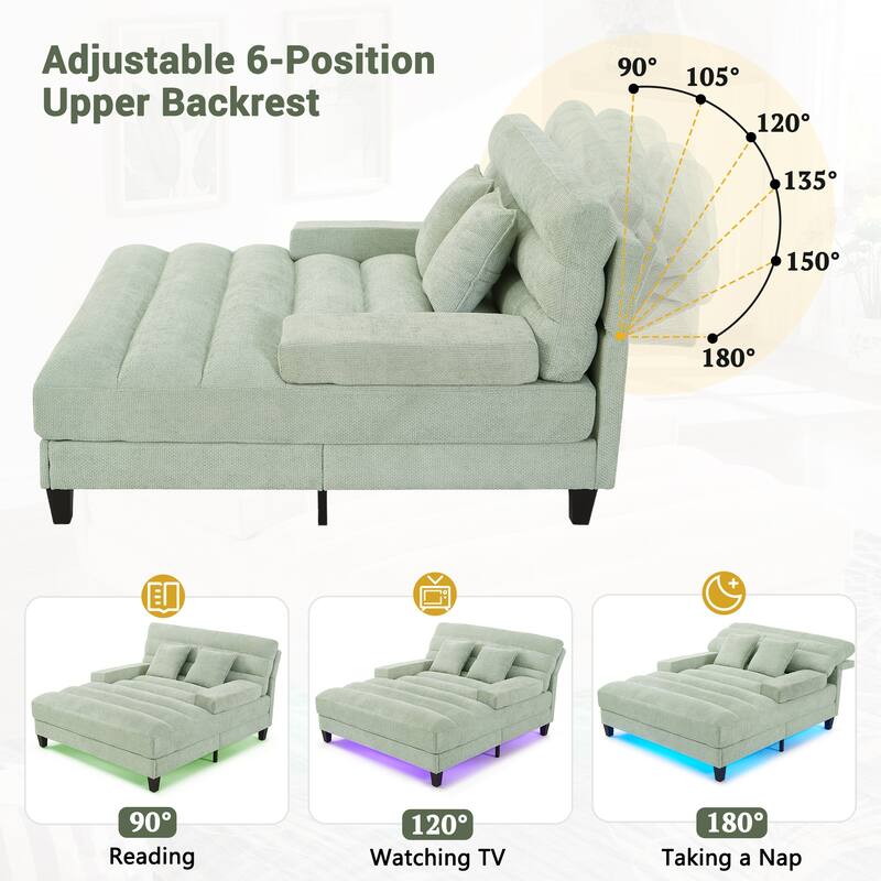 Modern Chaise Lounge Sofa 57.1" Sofa Bed Chenille Upholstered Lounge Sofa Chair with Adjustable Backrest and LED Light Strip