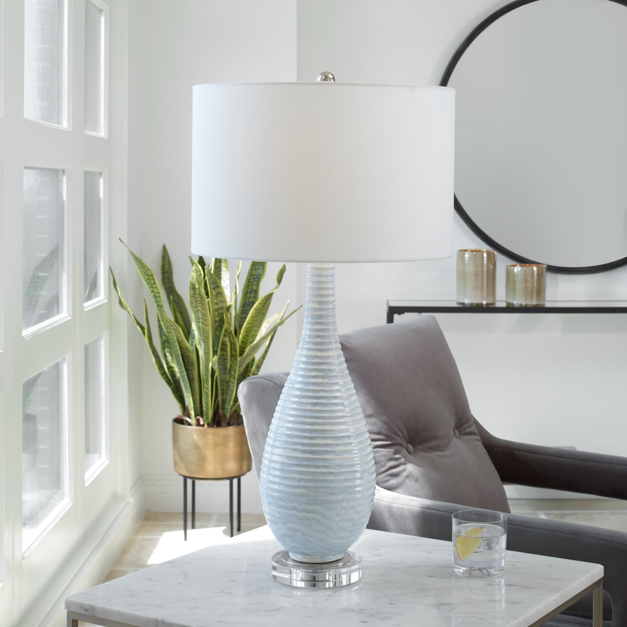Ceramic Ribbed Table Lamp with Drum Shade - 31
