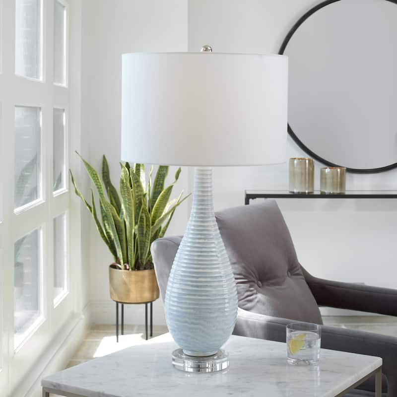 Ceramic Ribbed Table Lamp with Drum Shade - 31" - Blue
