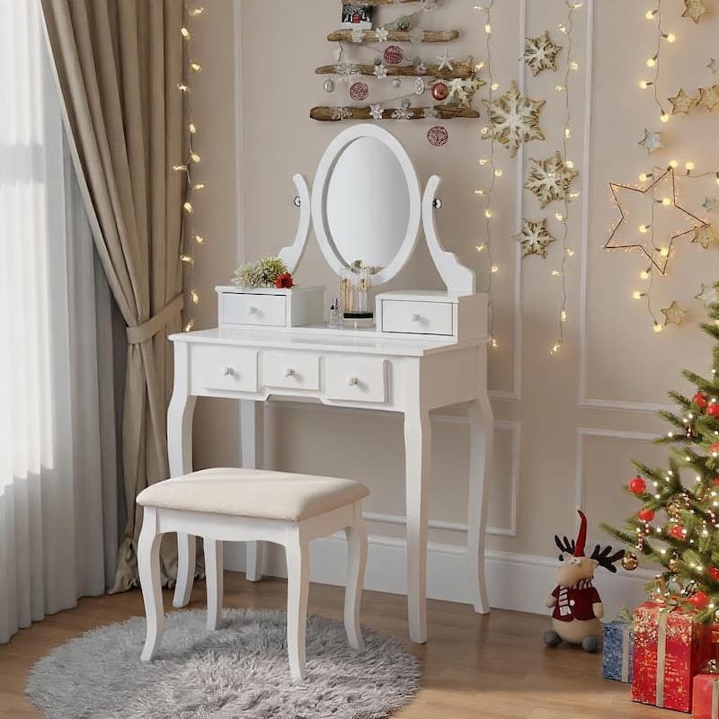 Roundhill Furniture Copper Grove Watt Wood Makeup Vanity Table and Stool Set