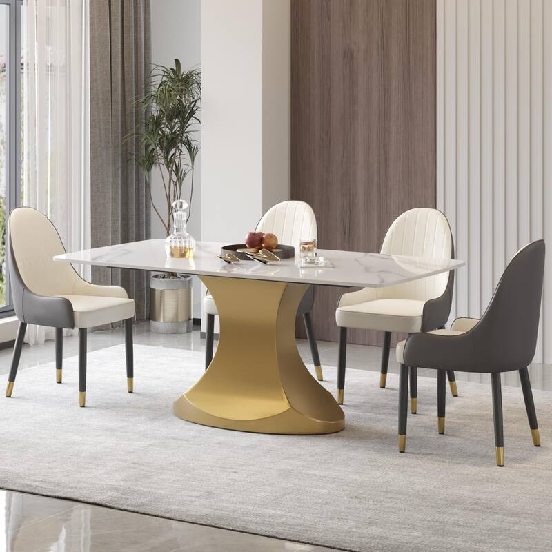 Dining Table for 6~8 Person, Faux Marble Kitchen Dining Table with Gold Pedestal.