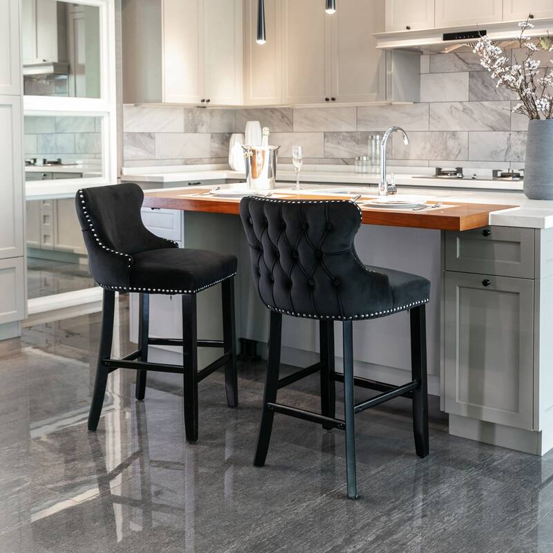 Velvet Upholstered Wing-Back Barstools Set of 4 - Black