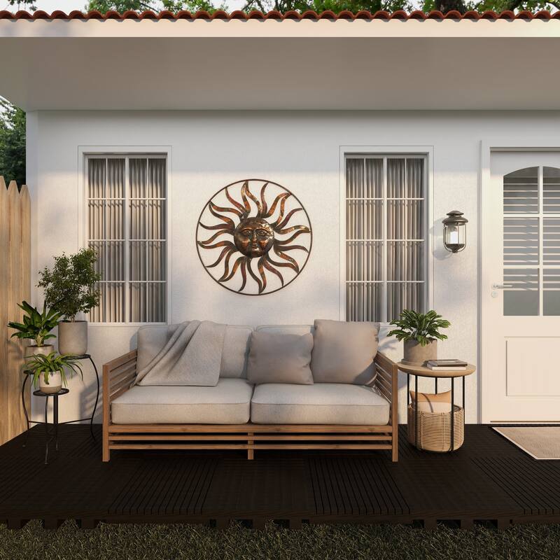 Brown Metal Indoor Outdoor Sun Home Wall Decor with Colorful Painted Accents