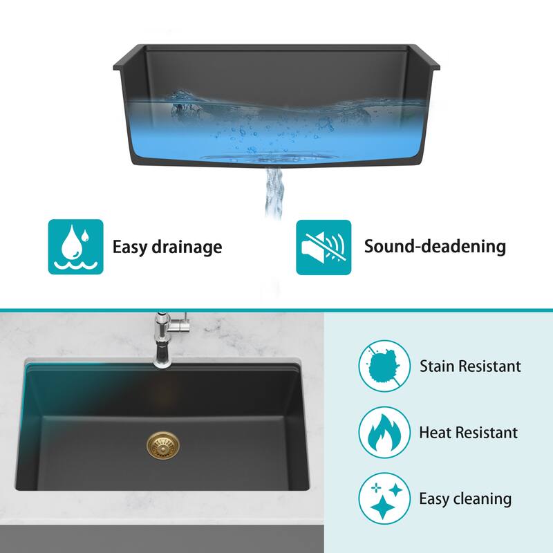 Kitchen Sink - 33" x 19" x 9.65" Black Granite Composite Workstation Undermount Single Bowl Kitchen Sink