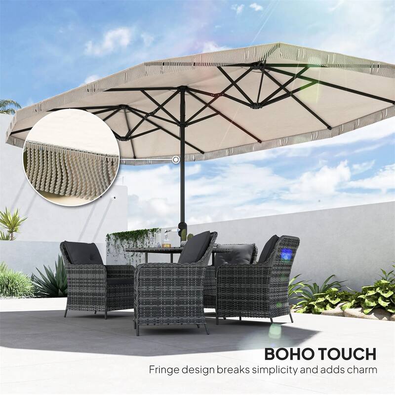 Large Double Rectangle Patio Umbrella with Crank Lift and UV Protection Steel Pole Fringe