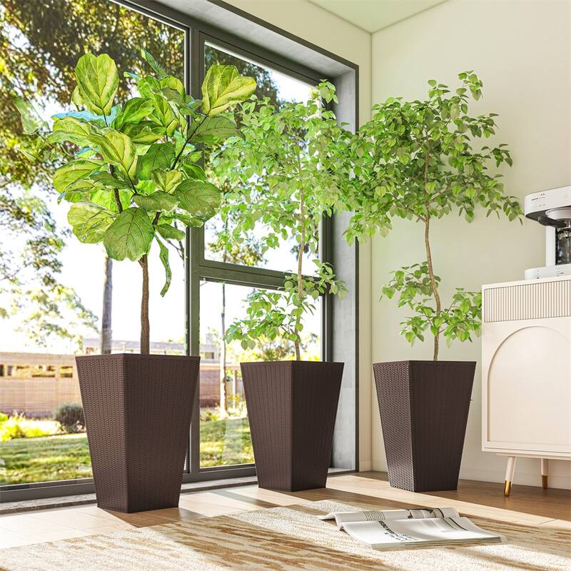 3-Piece Garden Pot Set with Drainage Hole and Rattan Design - 14.25" L x 14.25" W x 24" H - Brown