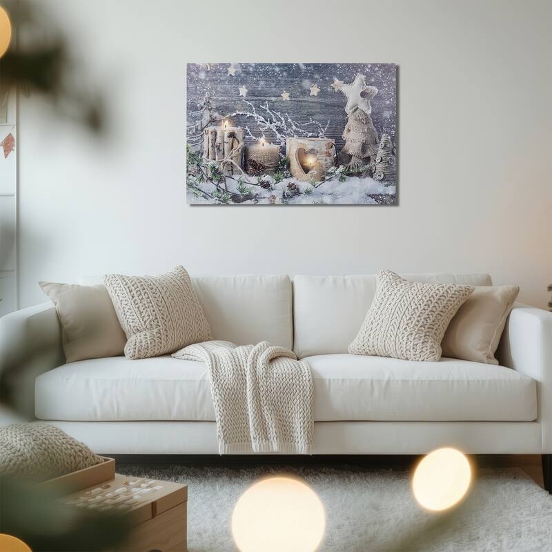 Country Rustic Winter Christmas LED Canvas Wall Art 23.5 x 15.5