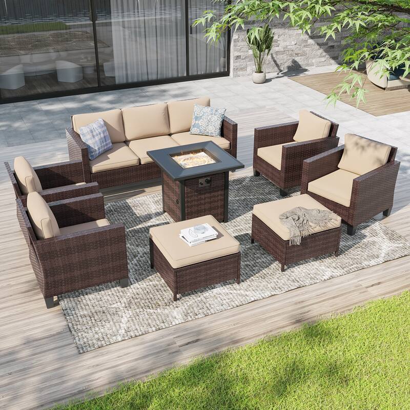 Livoosun 8 Pieces Patio Sofa with 28'' Fire Table Set, PE Wicker, Wide Armrests High Back Sofa Chair Design for Lawn, Patio - Brown Wicker/Sand Cushion