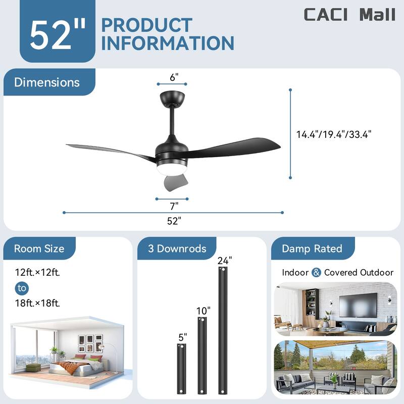 52/60 Inch Ceiling Fan with Integrated LED Light and Remote Control Quiet DC Motor