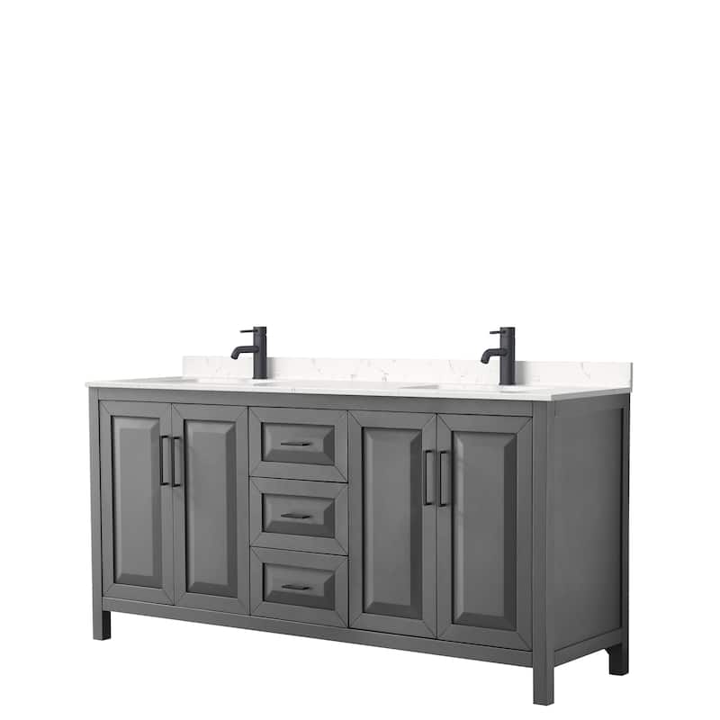 Daria 72 Inch Double Vanity, Cultured Marble Top - Dark Gray, Black Trim, Carrara Cultured Marble Top