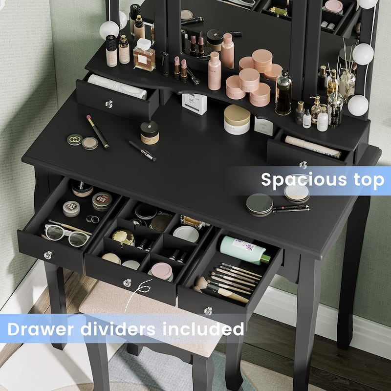 Vanity Desk Set Makeup Vanity Lighted Tri-fold Mirror and Stool