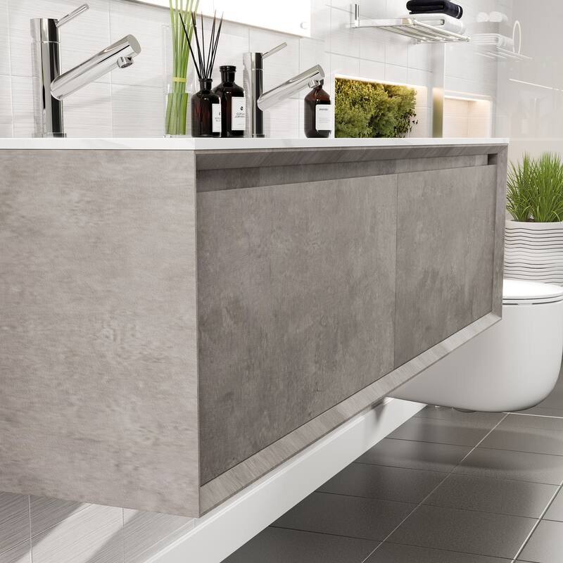 Eviva Aurora 60" Concrete Gray Wall Mount Bath Vanity with Carrara Quartz Top