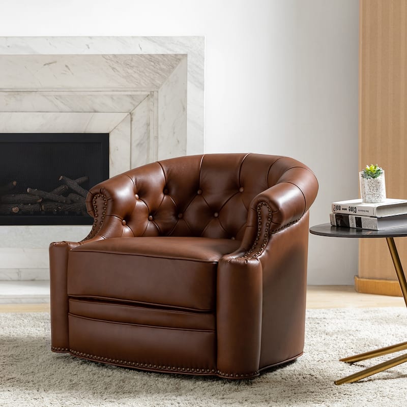 Felipe Modern Genuine Leather Swivel Chair With Tufted Back By HULALA HOME - Brown