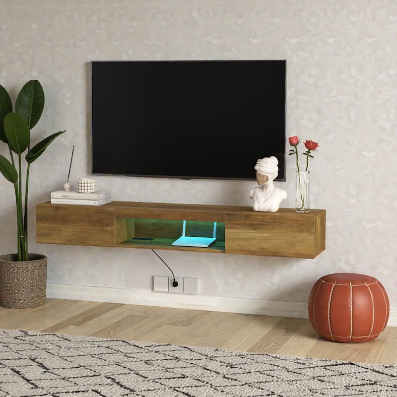 63" Floating TV Stand with 16-Color LED Lights, Wall Mounted Entertainment Center for 55-65 Inch TVs, Modern TV Cabinet - Wood