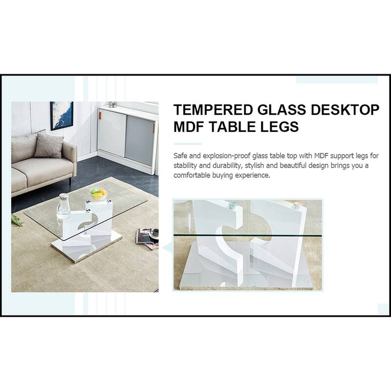 Rectangular Coffee Table with Tempered Glass Tabletop and White MDF Legs