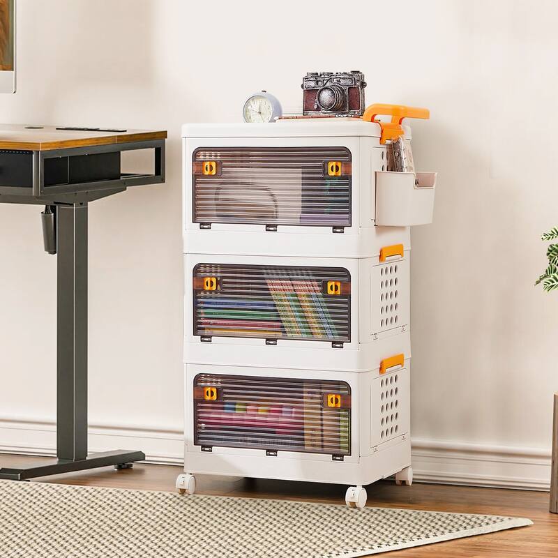 VECELO Plastic Storage Bins with Lid 3/4-Tier Stackable Storage Bins With Storage Basket for Home Living Room Office Kitchen - 3-Tier - White