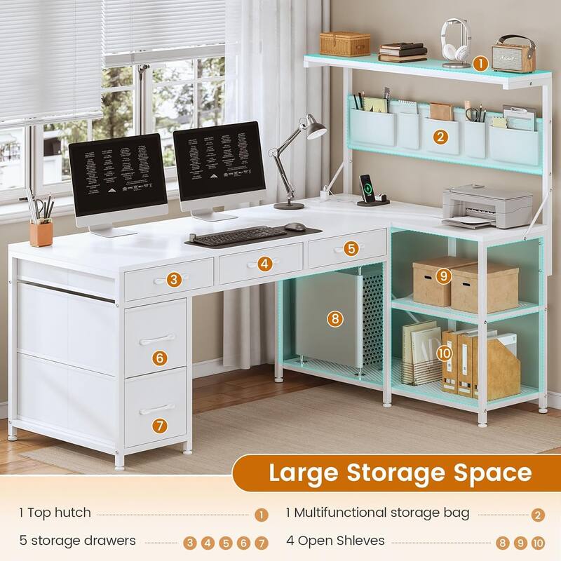 L Shaped Computer Desk 5 fabric Drawers Gaming Desk Storage Shelf