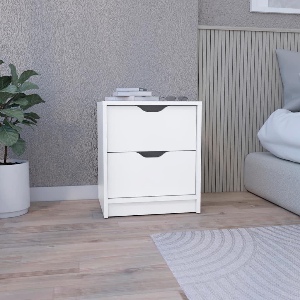 Double Drawer Nightstand, White, Ergonomic Bedside Table
