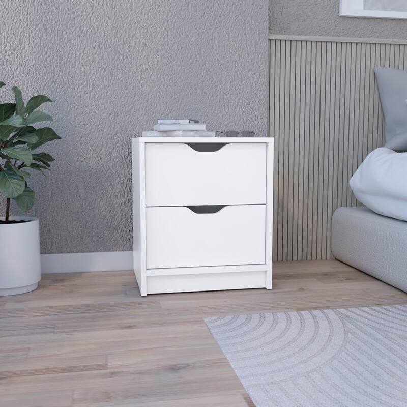 Modern Nightstand - Two Drawers and Large Top Surface, Black Finish - White