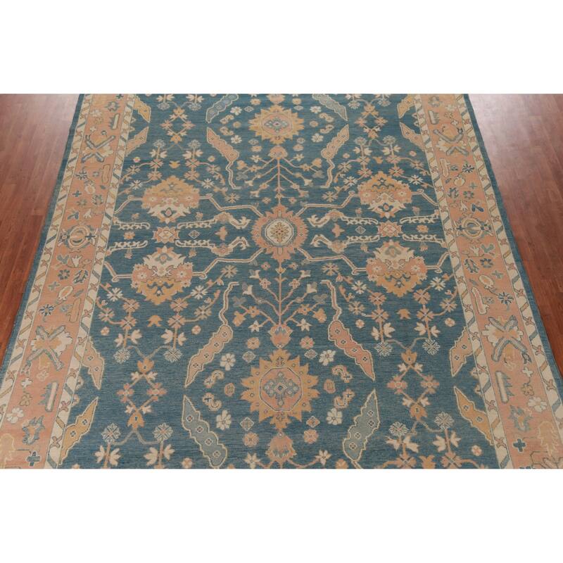 Hand Knotted Oriental 100% Wool Carpet Transitional All-Over Navy Blue & Blues Oushak Area Rug - 13' 10'' X 10' 1''