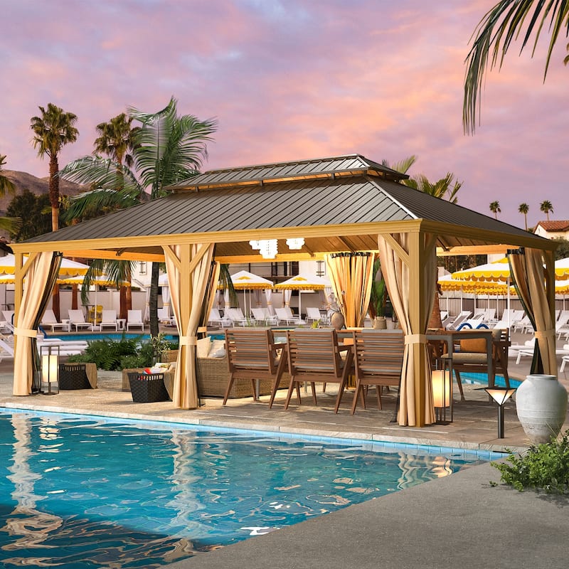 Outdoor Galvanized Steel Roof Gazebo Pergola w Wooden Coated Alumninum Frame, Privacy Curtains and Nettings Include