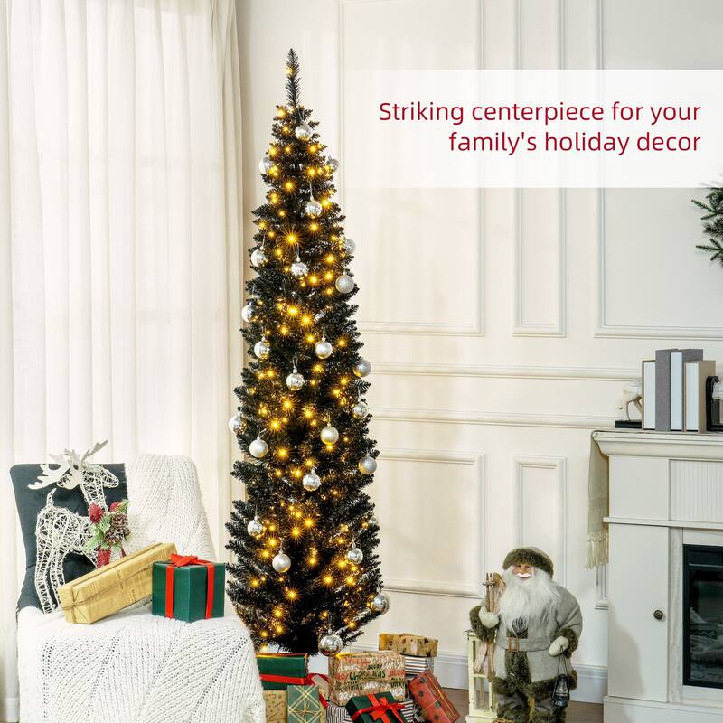 7 ft Black Pencil Christmas Tree with 250 Warm White LED Lights Slim Space-Saving Design with 499 Tips - 21.7" Dia. x 82.7"H
