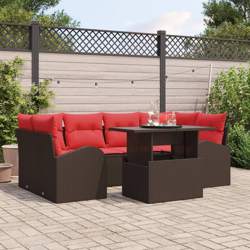 vidaXL 7 Garden Sofa Set with Cushions Black/Brown/Grey Poly Rattan - 92.1 x 48.8 x 27.2 - Brown