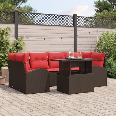 vidaXL 7 Garden Sofa Set with Cushions Black/Brown/Grey Poly Rattan - 92.1 x 48.8 x 27.2