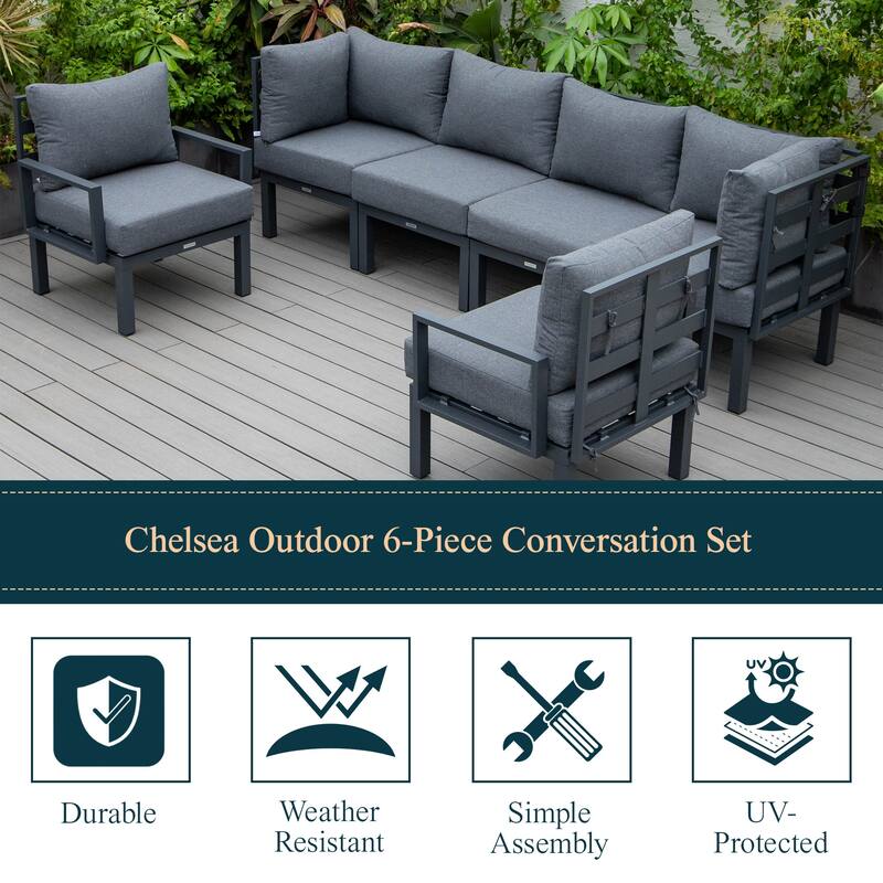 Chelsea 6-Piece Outdoor Patio Sectional Set in Black Aluminum with Removable Cushions for Backyard Garden and Patio Deck